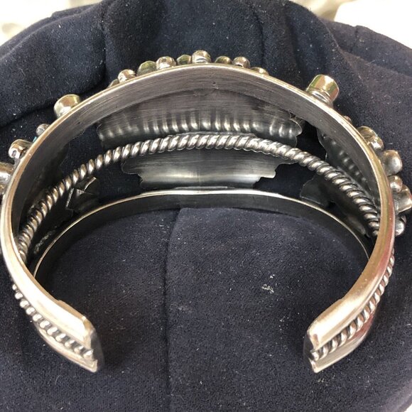 Navajo Indian 70 grams Sterling Silver Turquoise Cluster Bracelet Signed - Picture 9 of 16